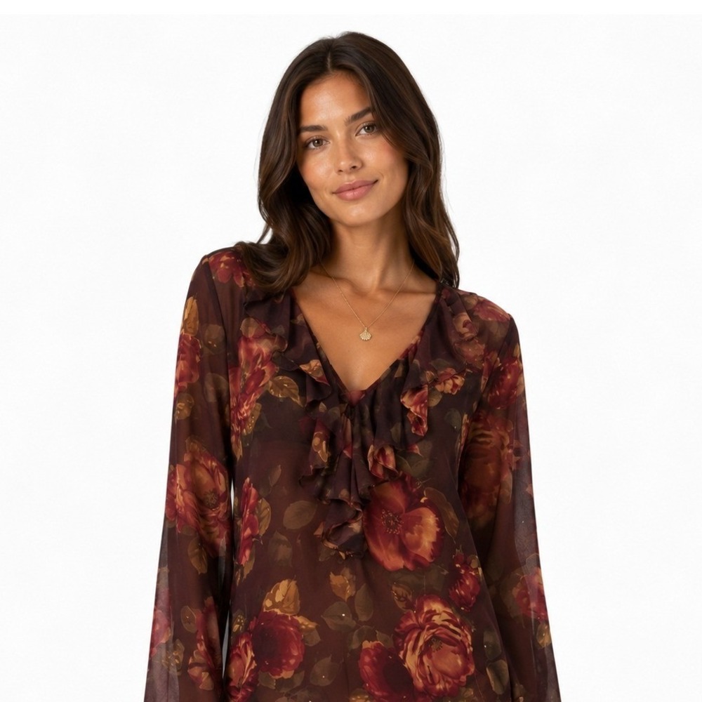 Lauren Ralph Lauren Silk Floral Ruffle Blouse Burgundy Red Gold Large